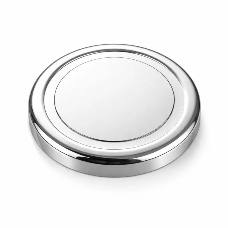 Custom logo metal lid in a round shape, featuring a polished mirror stainless steel look. The 2D flat emblem area makes it ideal for minimalist branding or engraving.