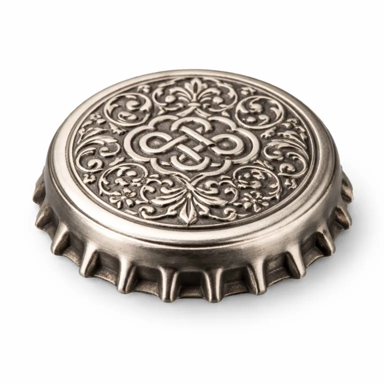 Brass bottle cap featuring a custom pattern, finished in antique silver plating with a crisp beveled edge for a classic, elegant look suitable for premium bottles.