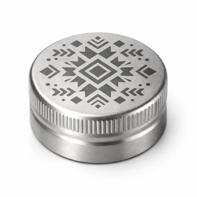 Stainless steel bottle cap with a custom pattern, featuring a sandblasted matte finish and flat 2D surface for a contemporary and minimal aesthetic.