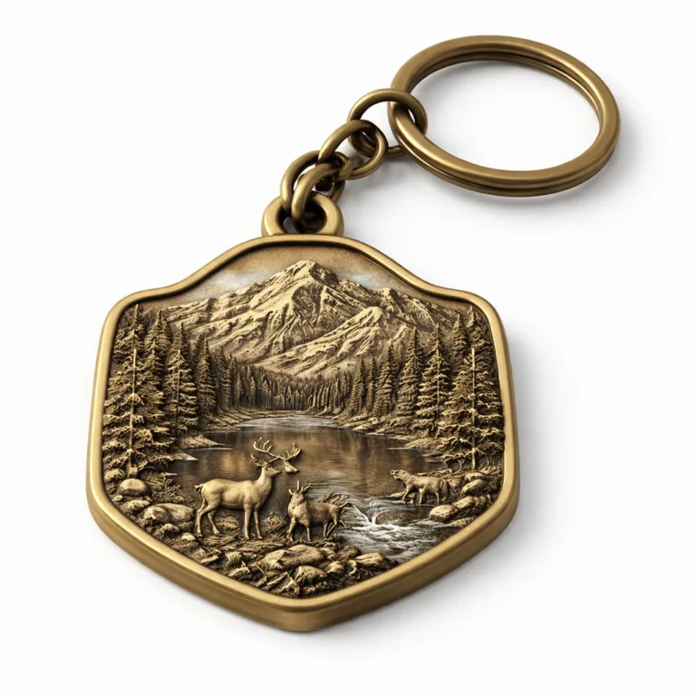 A custom-shaped keychain manufactured with a brass appearance and antique brass finish, featuring intricate 3D relief details and a soft rounded edge. Fitted with a split ring for easy use.