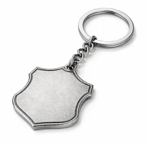 A custom-shaped zinc alloy keychain in antique silver finish, featuring a crisp beveled edge with a fully flat 2D surface. Comes with a classic split ring for secure attachment.