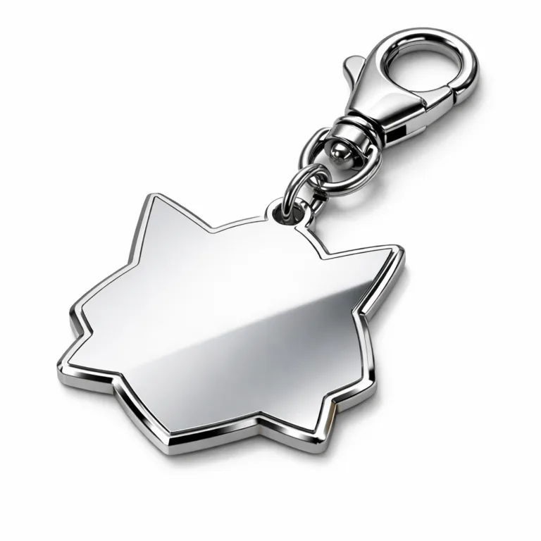 A custom-shaped keychain in a shiny nickel finish with a polished mirror surface and crisp beveled edge, attached by a secure lobster clasp for versatile connection.