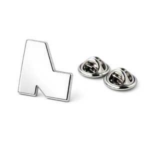 2D zinc alloy cut-out letter badge with a polished silver finish and butterfly clutch attachment. Flat design, commercial studio shot for e-commerce.