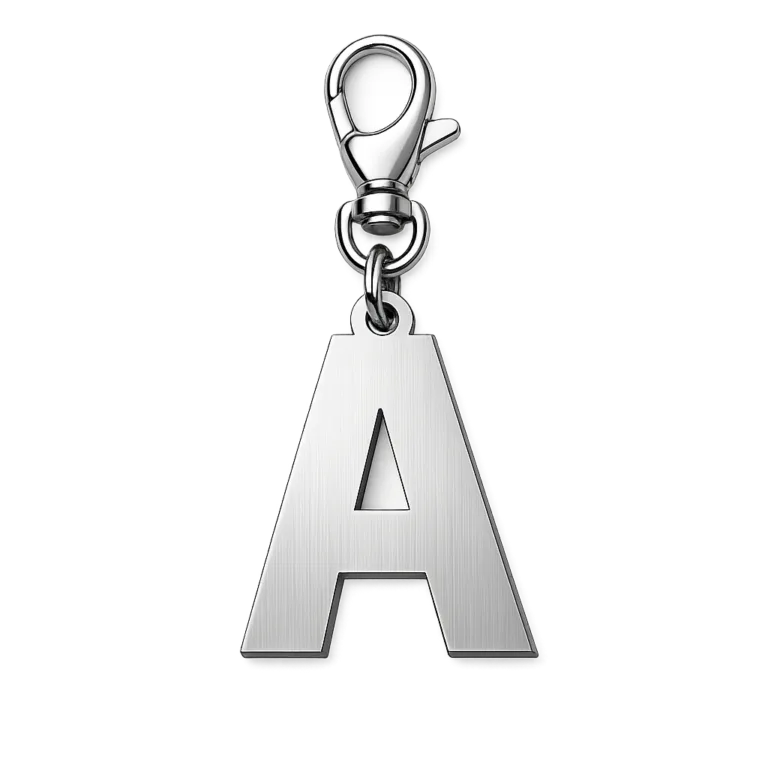 A modern cut-out letter keychain with a brushed matte stainless steel appearance, featuring crisp flat 2D edges and secured with a sturdy lobster clasp, shown in sharp detail on a white background.