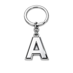 A zinc alloy cut-out letter keychain featuring a shiny polished silver finish and crisp beveled edges, attached to a standard split ring. Modern and smooth, displayed on a white background for clarity.