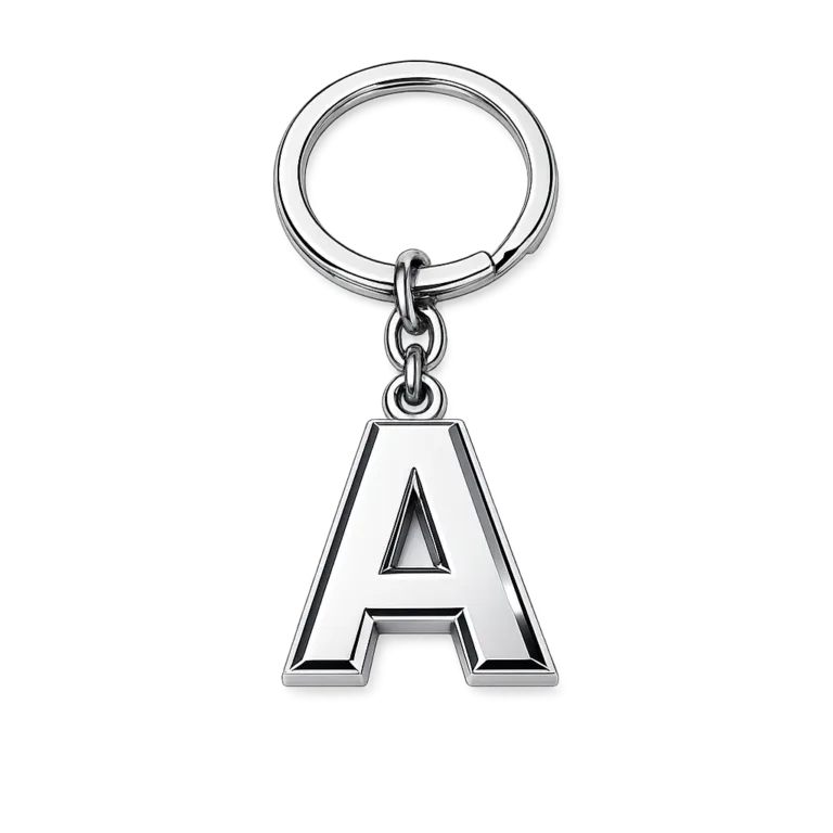 gr cut out letter keychain nickel ring A zinc alloy cut-out letter keychain featuring a shiny polished silver finish and crisp beveled edges, attached to a standard split ring. Modern and smooth, displayed on a white background for clarity.