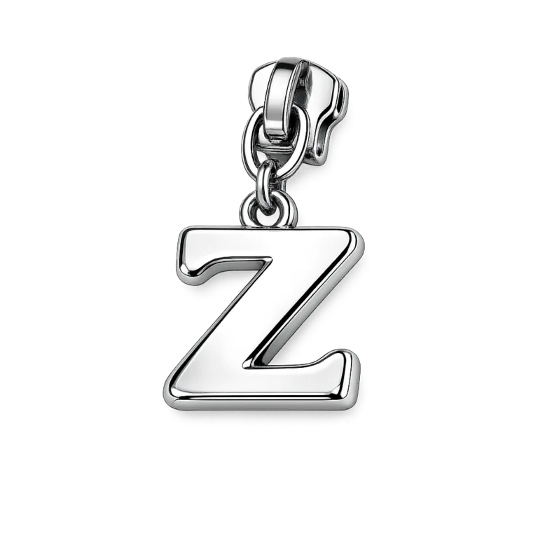 A single Cut-Out Letter Zipper Pull crafted from zinc alloy, featuring a shiny polished silver finish and softly rounded edges. Ideal for modern bags and garments, photographed on a bright white studio backdrop.