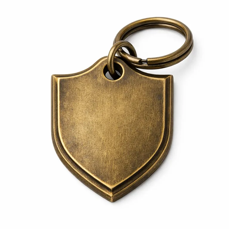 A shield-shaped zinc alloy metal tag in an antique brass finish with a cut-out logo, crisp beveled edge, and no color fill. Split ring attachment designed for keychains or bags. Displayed on clean white backdrop.