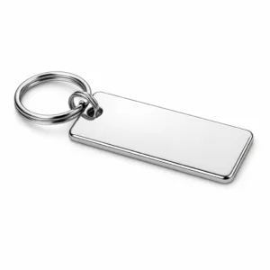 A high realism studio photo of a flat rectangular zinc alloy metal tag in a polished silver finish, featuring a cut-out logo area and soft rounded edges. Split ring attachment showcased clearly. Ideal for use as a key or bag tag.