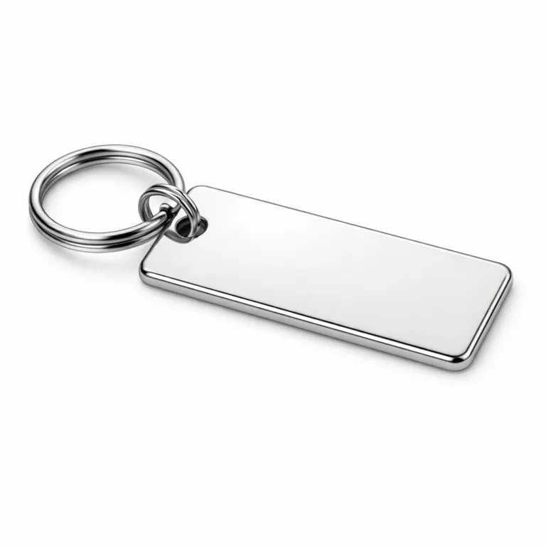 gr cut out logo metal tag polished silver A high realism studio photo of a flat rectangular zinc alloy metal tag in a polished silver finish, featuring a cut-out logo area and soft rounded edges. Split ring attachment showcased clearly. Ideal for use as a key or bag tag.