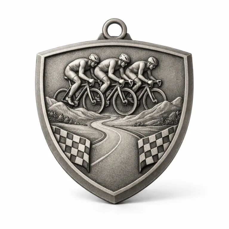 An antique silver cycling race medal with a sandblasted matte finish, shaped as a shield and featuring crisp beveled edges. The zinc alloy medal is attached via a standard ring. Perfect for commemorating cycling achievements.