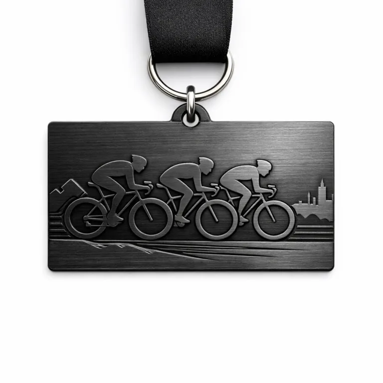 A cycling race medal in black nickel plating with a brushed finish, featuring a rectangular shape and flat 2D surface. Comes with a standard ring and minimal plain ribbon for easy wearing.