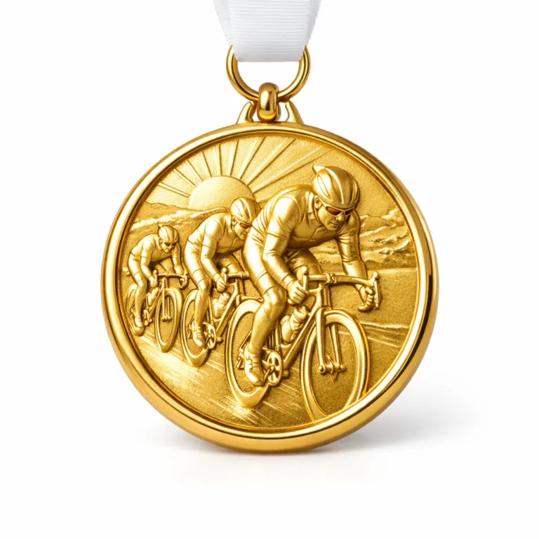A gold cycling race medal crafted in zinc alloy, featuring a shiny gold finish and detailed 3D relief design. The medal has a classic round shape with soft rounded edges and a standard ring with a plain ribbon.