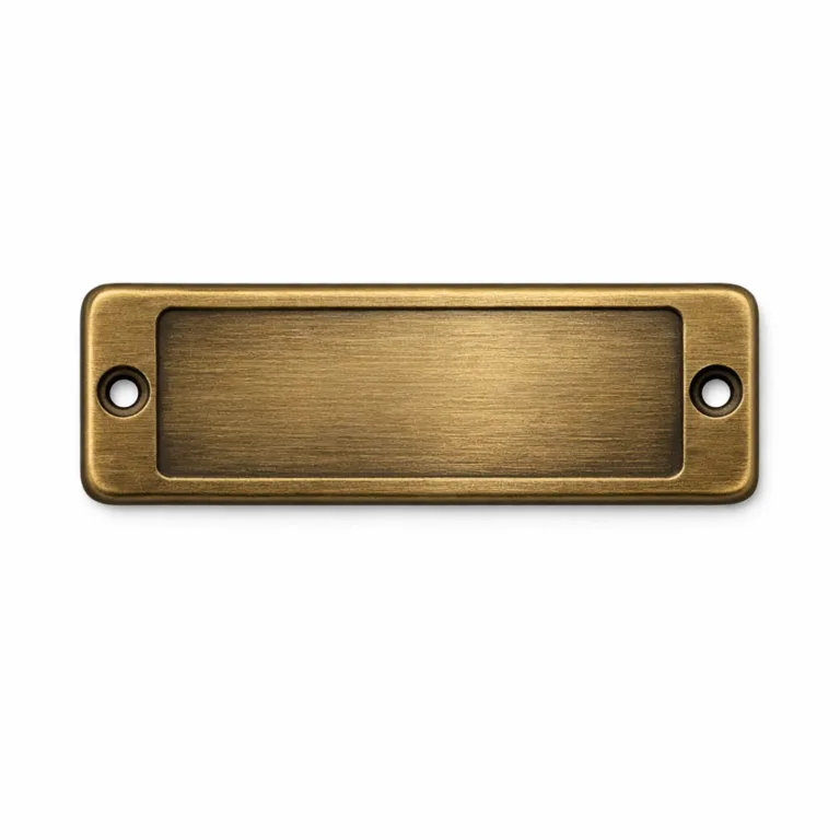 gr debossed metal nameplate antique brass screw A rectangular debossed metal nameplate tag made from zinc alloy with a brushed antique brass finish, featuring two screw holes for durable attachment and soft rounded edges. Designed for direct mounting onto surfaces.