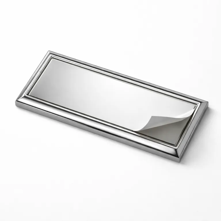 A highly reflective, debossed metal nameplate tag crafted in stainless steel with a polished mirror finish and crisp beveled edge. The back features an adhesive strip for easy stick-on attachment to various surfaces.