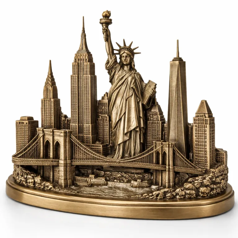 A die-cast 3D landmark souvenir featuring a brass look with antique brass finish, soft rounded edge, and accurate raised details. This metal variant gives a classic, timeless touch to the collectible.