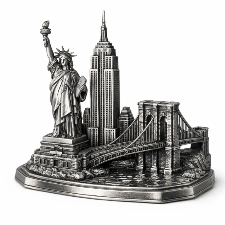 A die-cast 3D landmark souvenir crafted from zinc alloy with an antique silver finish, showcasing high-relief features and a crisp beveled edge. The detailed design is ideal for collectors and visitors seeking a premium, realistic keepsake.