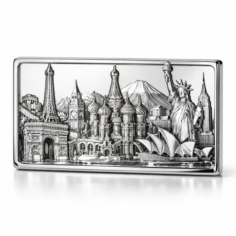 A rectangular die-cast 3D landmark souvenir in shiny nickel plating with a polished mirror surface. The sleek and modern finish highlights the detailed relief, perfect for commemoration and gifting.
