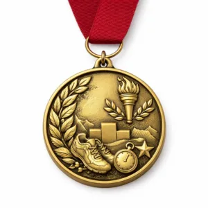 A round die-cast 3D relief medal made of zinc alloy with an antique gold finish, featuring crisp details and a soft rounded edge. A minimal deep red ribbon is attached by a standard ring, presented on a white background with sharp, realistic lighting.