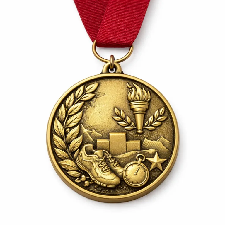 A round die-cast 3D relief medal made of zinc alloy with an antique gold finish, featuring crisp details and a soft rounded edge. A minimal deep red ribbon is attached by a standard ring, presented on a white background with sharp, realistic lighting.