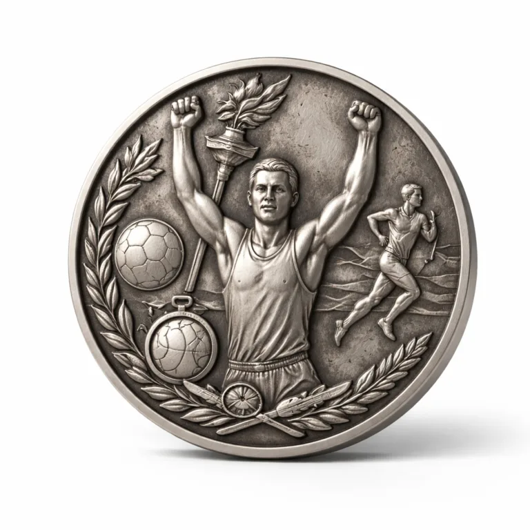 A round medal manufactured with die-cast 3D relief detailing and an antique silver brushed finish. The medal showcases a crisp beveled edge and is presented without a ribbon, on a stark white background for high realism.