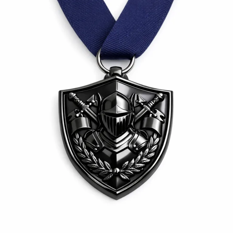 A shield-shaped die-cast 3D relief medal in a shiny black nickel finish, featuring sharp emblematic details. A minimal plain navy ribbon is attached by a standard ring, photographed on a clean white background with commercial-grade clarity.