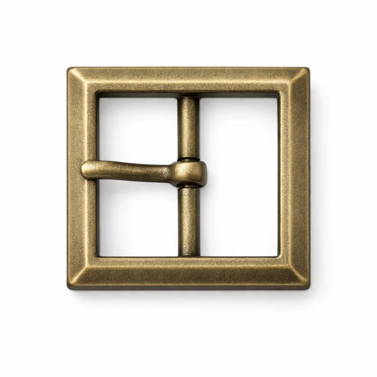 Die-cast belt buckle with an antique brass finish. The surface is matte with a sandblasted texture and features a square silhouette with crisp beveled edges. Perfect for vintage-inspired accessories.