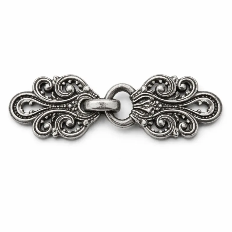 A zinc alloy die-cast decorative clasp with an antique silver finish, sandblasted matte surface, and 2D flat design. Perfect for vintage-inspired applications.