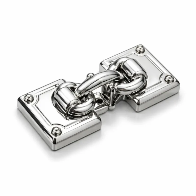 gr die cast decorative clasp nickel A die-cast decorative clasp crafted in zinc alloy with a shiny nickel plating, featuring a polished mirror surface and crisp beveled edge. Ideal for premium accessory fastening.