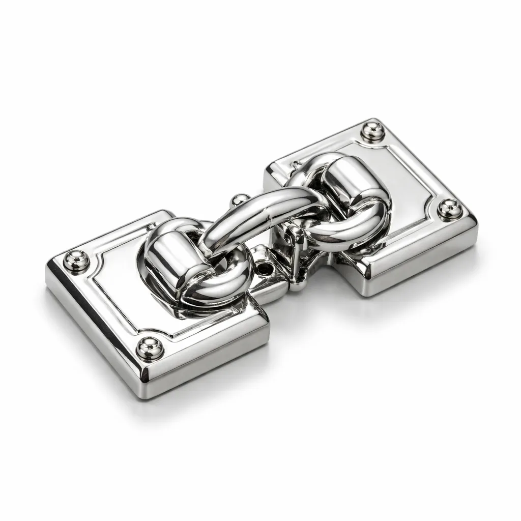 A die-cast decorative clasp crafted in zinc alloy with a shiny nickel plating, featuring a polished mirror surface and crisp beveled edge. Ideal for premium accessory fastening.