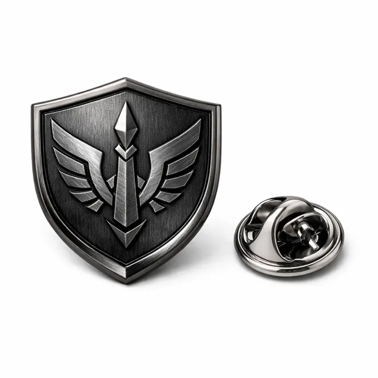 A shield-shaped die-cast logo badge in stainless steel, finished with black nickel plating and a brushed surface. Shows a precisely etched emblem and butterfly clutch attachment, ideal for commercial product display.