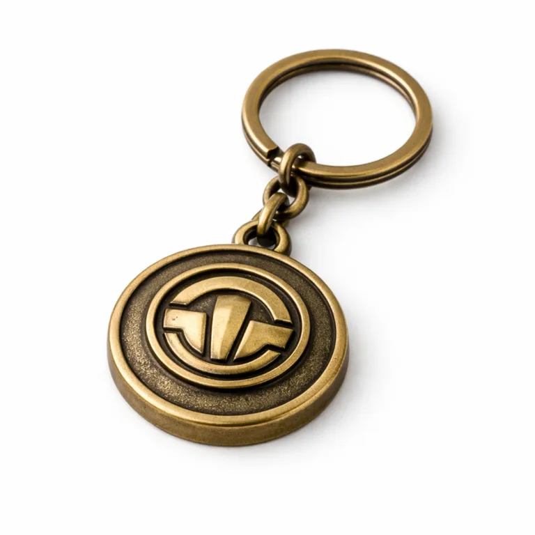 gr die cast logo keychain antique brass Realistic photo of a die-cast zinc alloy logo keychain featuring a round shape, antique brass finish, raised 3D logo relief, and a classic split ring attachment. Ideal for keys or bags.
