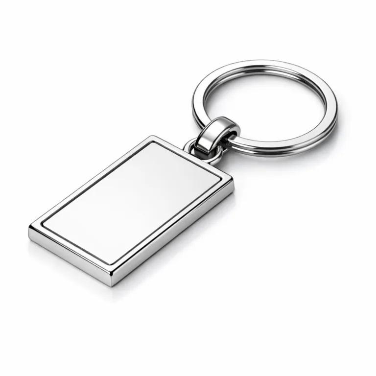 Studio shot of a die-cast logo keychain in shiny nickel with a flat rectangular silhouette, crisp beveled edges, and a durable split ring. The polished finish enhances its modern appeal.