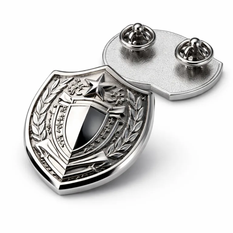 gr die cast logo nickel butterfly A die-cast zinc alloy logo badge plated in shiny nickel, featuring a polished mirror finish and detailed 3D relief emblem. The badge has a butterfly clutch pin-back visible, shown in high-detail, ready for e-commerce display.