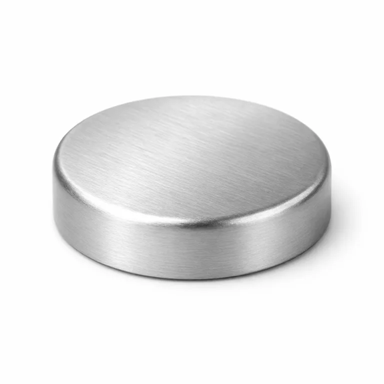 gr die cast metal closure nickel brushed A round die-cast metal closure cap crafted from zinc alloy with a matte silver brushed finish. Features a soft rounded edge and detailed surface, ideal for premium container applications.