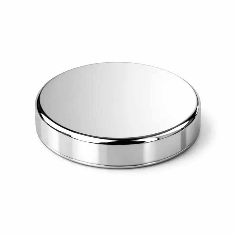 High-shine polished nickel closure cap made from die-cast metal with a mirrored surface and flat round top. Reflects light for a premium, modern appearance.