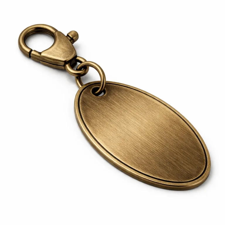 A die-cast metal logo tag in brushed antique brass finish, featuring a flat 2D emblem, crisp beveled edge, and attached with a lobster clasp.