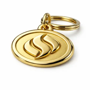A die-cast metal logo tag in shiny polished gold finish, featuring a 3D relief emblem and soft rounded edge. The tag is attached with a split keyring for easy use.