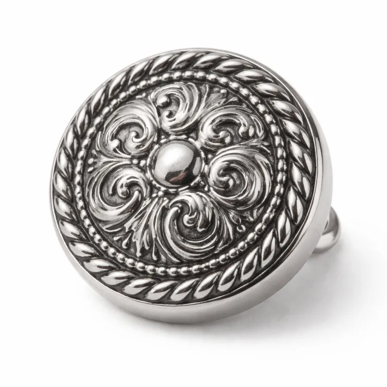 High-gloss nickel plated die-cast metal shank button in zinc alloy, featuring intricate 3D relief design for added dimension and luxury style.