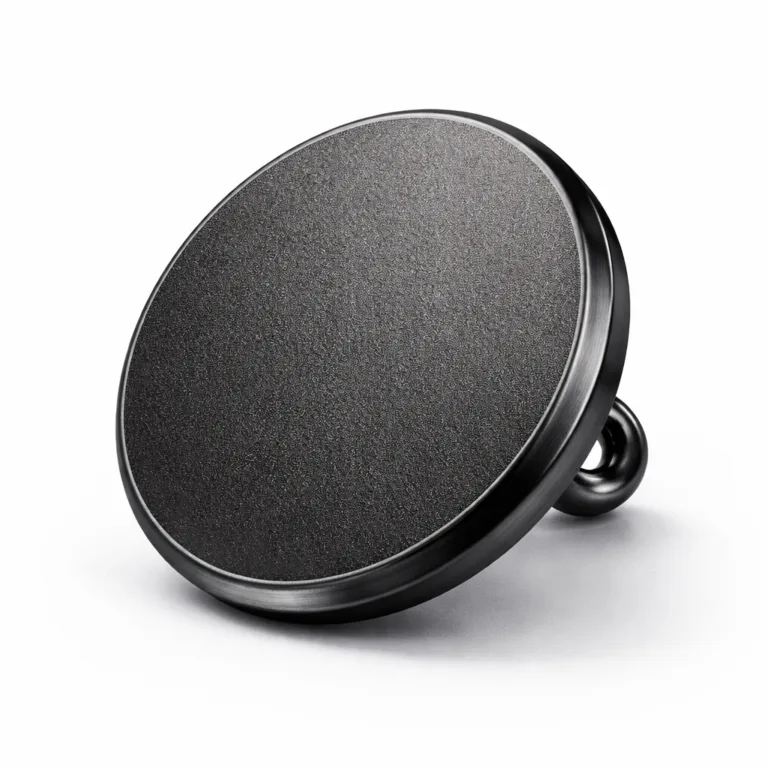 Die-cast brass shank button finished in matte black nickel with sandblasted matte texture and crisp beveled edge, perfect for modern and utility fashion.