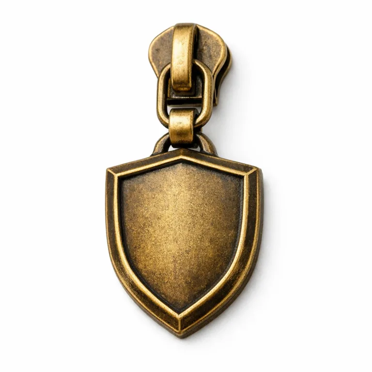 A shield-shaped die-cast zipper pull tab with an antique brass finish and crisp beveled edges, offering a vintage aesthetic and durable design, captured in a realistic studio setting.
