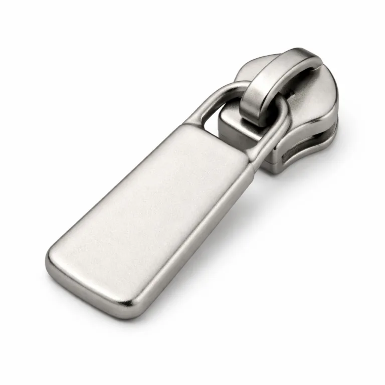 gr die cast zipper pull matte nickel A die-cast zipper pull tab made from zinc alloy with a matte nickel finish, featuring a smooth rectangular silhouette and soft rounded edges, photographed against a white background for a clean, professional presentation.