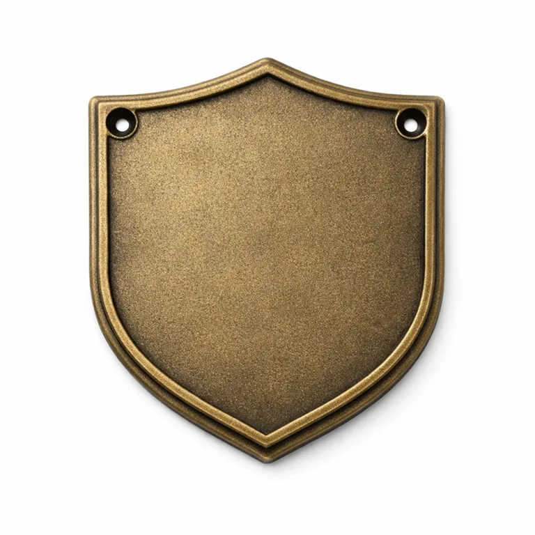A durable die-cast zinc alloy nameplate with shield contour, antique brass sandblasted matte finish, and top-corner screw holes for secure installation.