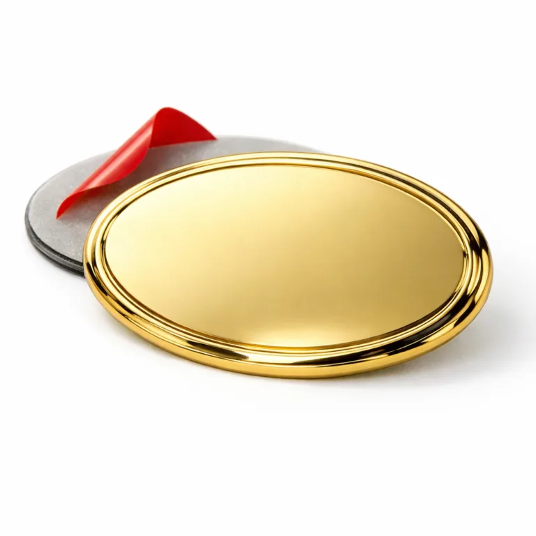 A die-cast nameplate featuring an elegant oval silhouette, polished gold-plated surface, and a visible adhesive back plate for easy mounting on flat surfaces.