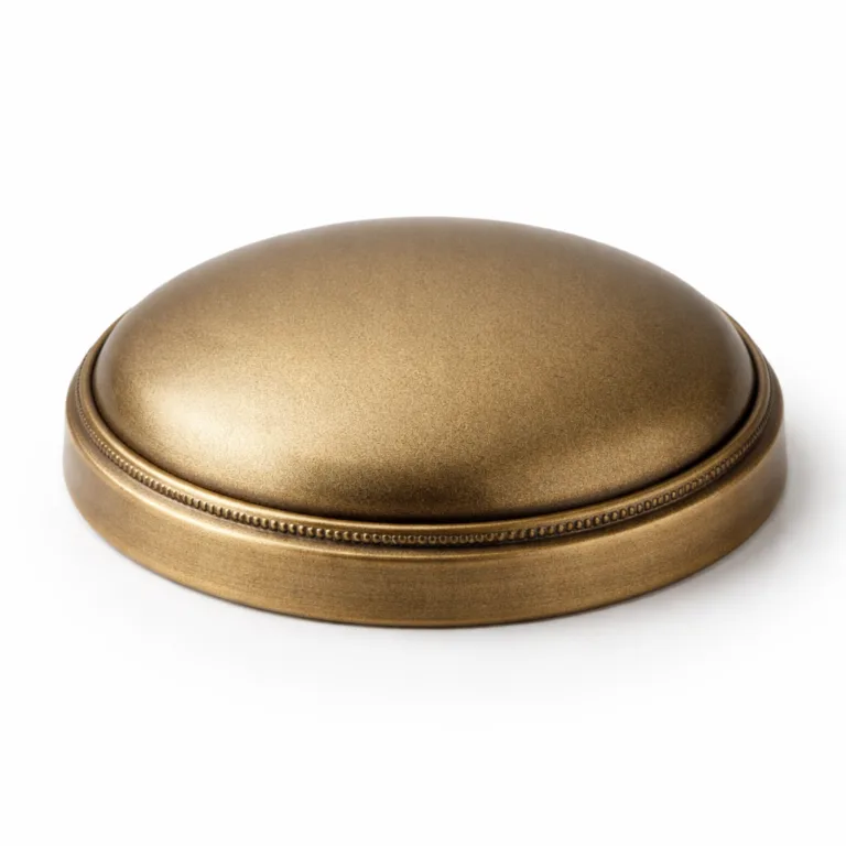 A zinc alloy lid with an antique brass electroplated finish, soft rounded edging, and sandblasted matte surface for a vintage-inspired closure.