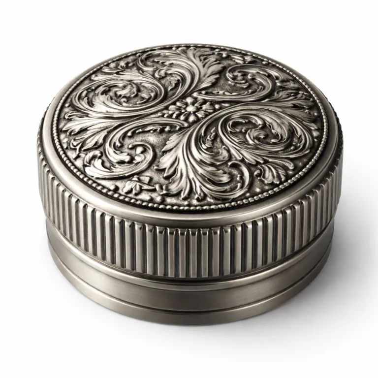 This variant presents a premium bottle cap made from brass with an antique silver matte electroplated finish, highlighted by a 3D relief pattern and crisp beveled edge for a vintage-inspired touch.