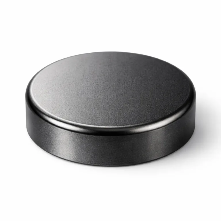 Modern premium bottle cap in zinc alloy showcasing a sandblasted matte black nickel finish, with a simple flat surface and smooth rounded edge, ideal for stylish bottle designs.
