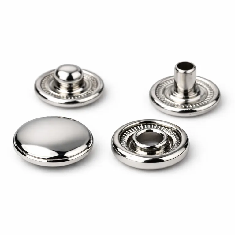 A highly realistic polished zinc alloy snap button cap featuring a shiny nickel electroplated finish and crisp beveled edge, photographed in studio e-commerce style.