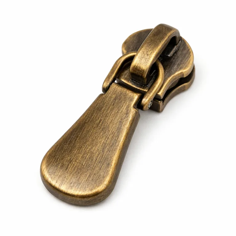 Vintage-style electroplated zipper slider pull in zinc alloy, featuring an antique brass brushed surface and soft rounded edges for a classic decorative appeal.