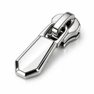 A single electroplated zipper slider pull crafted in zinc alloy, featuring a highly polished shiny nickel finish and crisp beveled edge detail. Ideal for high-end apparel zippers.